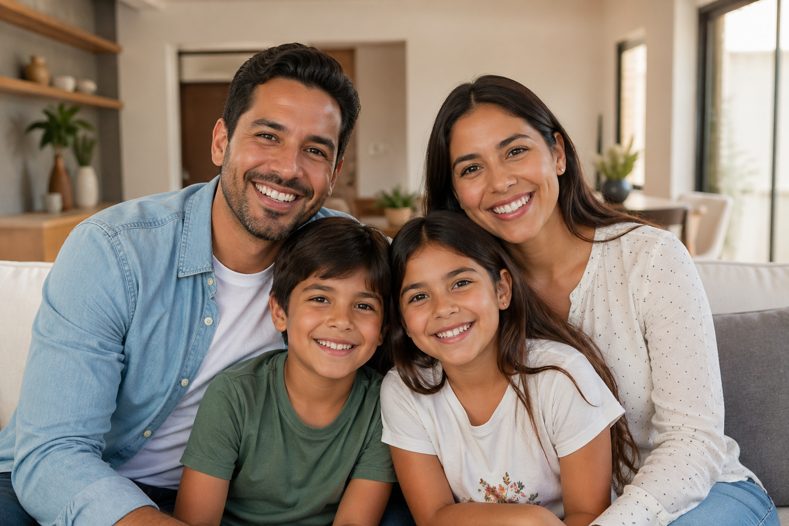 Familia latina en casa, protegida con cobertura internacional